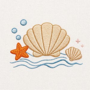 May include: Embroidered design of a large beige seashell, a smaller seashell, and an orange starfish. Blue wavy lines represent water, with three blue bubbles and two pink star shapes. The design is on a white background.