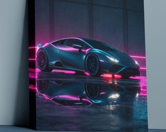 Neon Supercar Nightscape – Stampa artistica futuristica cyberpunk, download immediato, stampa digitale