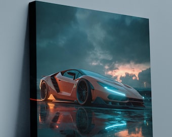 Supercar Wall Art Printable, Neon Sports Car Digital Download, Luxury Poster, Cyberpunk Automotive Art