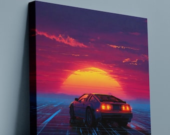 Utskrivbar väggkonst för bil, retro futuristisk solnedgång, digital nedladdning av neonrutnät, affisch, 80-talskonst