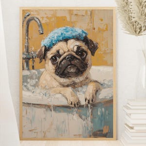 Rolig mops hund badkonst, tryck grinig husdjur badrumsdekor, spa väggkonst affisch