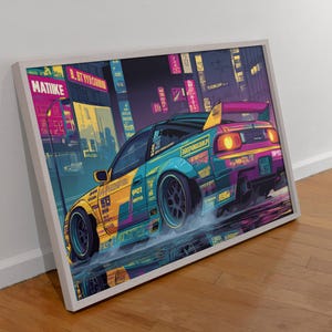 Cyberpunk Car Wall Art Printable, Japanese Street Racing Poster, Neon Drift Car Digital Download