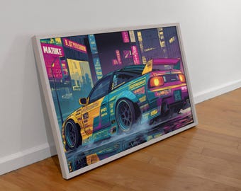 Arte de pared imprimible de coches ciberpunk, póster de carreras callejeras japonesas, descarga digital de coches de derrape de neón