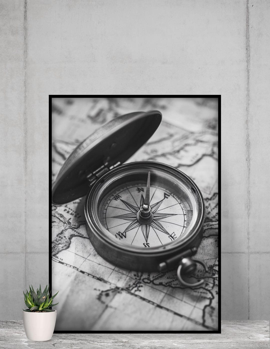 Vintage Antique Compass Print, Black and White Nautical Map Office ...