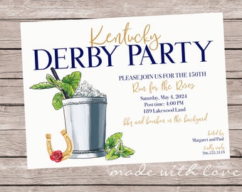 Könnte beinhalten: Einladung zur Kentucky Derby Party mit einer Illustration eines Mint Juleps, einem goldenen Hufeisen und dem Text "Bitte schließen Sie sich uns für den 150. Run for the Roses an, Samstag, 4. Mai 2024, Startzeit: 16:00 Uhr, 189 Lakewood Land, BBQ und Bourbon im Garten, veranstaltet von Margaret und Paul, bitte antworten Sie unter 706.555.3119, gemacht mit Liebe."