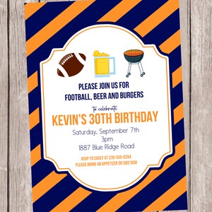 Fußball Bier und Burgers-a Party Einladung, personalisiert mit Ihren Teamfarben, 5x7