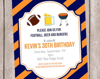 Football Beer and Burgers-a party invitation, personalize with your team colors, 5x7