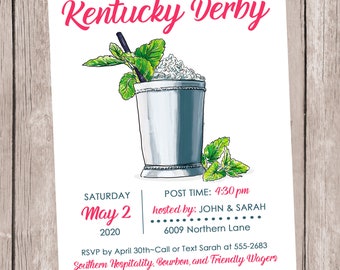 Könnte beinhalten: Einladung zu einer Kentucky Derby Party am Samstag, den 2. Mai 2020, um 16:30 Uhr. Die Party wird von John und Sarah in der 6009 Northern Lane ausgerichtet. Die Einladung zeigt eine Zeichnung eines Mint Julep.