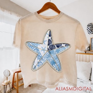 Pearl Starfish  Png, Trendy Summer PNG, Summer Starfish PNG, Blue Seashell Patchwork PNG