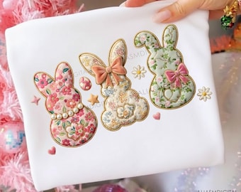 Conejo de Pascua estilo preppy PNG, Conejo de Pascua patchwork PNG, Diseño de sublimación de conejo de Pascua, Arte de primavera con bordado falso, Cuenta de perlas