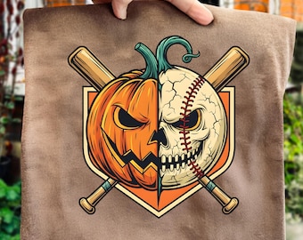 May include: A brown fabric item featuring a Halloween-themed design. The design is a split image of a jack-o'-lantern and a baseball skull, with crossed baseball bats behind it. The jack-o'-lantern is orange, and the skull is off-white.