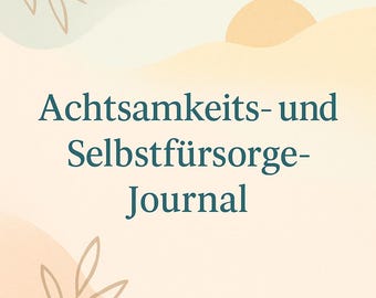 May include: Aesthetic journal with the text "Achtsamkeits- und Selbstfürsorge-Journal" in teal. The background is a soft beige with a light orange sun and leaf accents. The journal is designed for mindfulness and self-care.
