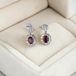 Oval Ruby Stud Earrings, Red Ruby with Double Diamond Halo Earrings, 18k White Gold,  Red Ruby Dangle Earrings, Elegant Statement Earrings