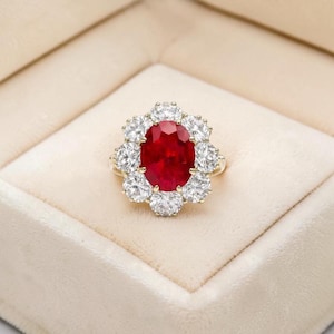Anillo ovalado de rubí, anillo con racimo de rubíes y diamantes, oro blanco macizo de 14k, anillo de compromiso llamativo, anillo de piedra preciosa roja, lujoso anillo de novia de rubí