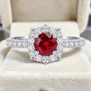 Round Cut Ruby Ring with Double diamond Halo in 14k White Gold, Vintage Style Statement Ring, Designer Bridal Ruby Ring, Cocktail Ruby Ring