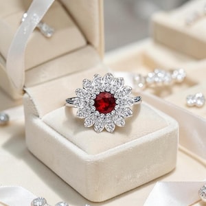 Floral Round Ruby Ring, 14k Solid White Gold, Red Gemstone Band, Vintage Inspired Halo, Elegant Statement Ring, Daisy Flower Diamond  Ring