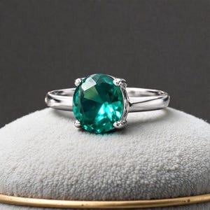 Puede incluir: Un anillo de plata con una gran gema verde esmeralda de corte ovalado. La gema está engastada con cuatro garras, y la banda es de plata pulida. El anillo se exhibe sobre una superficie de terciopelo gris.