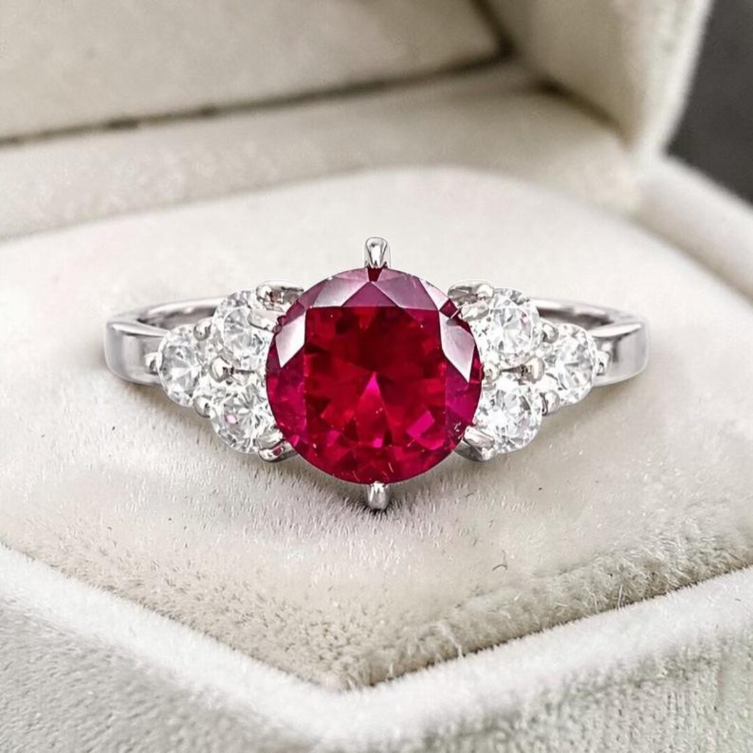 Round Cut Ruby Ring With Diamond Side Stones in 14k White Gold ...