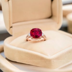 Cushion Cut Ruby Ring Rose Gold Diamond Accent  Engagement Ring, 14k Solid Gold Ring, Statement Cocktail Ring, diamond halo wedding Jewelry