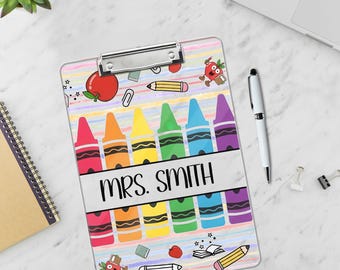 Personalized Teacher Clipboard with Custom Name, Colorful School Supplies  Crayon Design, Acrylic Back To School Gift