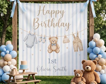Décoration de fond pour le premier anniversaire d'un ourson, bannière en tissu à rayures bleues, panneau personnalisé pour la fête d'anniversaire d'un petit garçon, tapisserie de bienvenue personnalisée