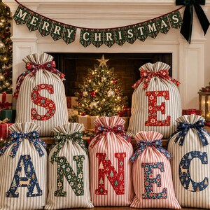 Personalized Monogram Christmas Sack, Custom Initial Santa Bag, Striped Applique Letter Holiday Gift Pouch, Large Family Xmas Present Wrap