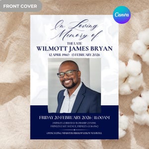 May include: A memorial service announcement with a portrait of Wilmott James Bryan. The design features a blue and white marbled background with the text "In Loving Memory of" and the date of birth and death. The service details are at the bottom.