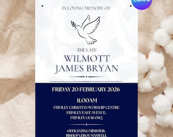Blue and White Dove Funeral Program Template | Classic Design Memorial Booklet (Digital Canva)