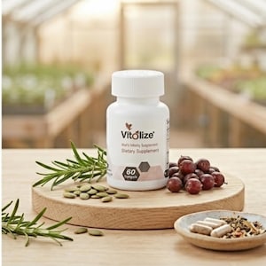 Może przedstawiać: Biała butelka suplementu diety "Vitolize" z etykietą, na drewnianej desce z nasionami, jagodami i ziołami. Butelka zawiera 60 kapsułek. Tło to rozmyta szklarnia.