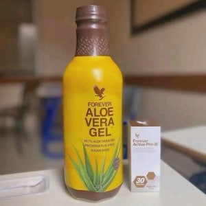 Puede incluir: Una botella amarilla de Forever Aloe Vera Gel con tapa marrón y una pequeña caja blanca de Forever Active Pro-B. La botella tiene una etiqueta con texto y una ilustración de planta de aloe vera verde.
