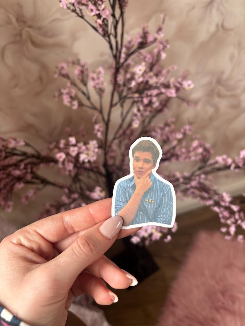 May include: A sticker featuring a young man in a blue striped shirt, with his hand on his chin. The sticker is held in front of a pink floral arrangement. The background has a soft, blurred pattern.