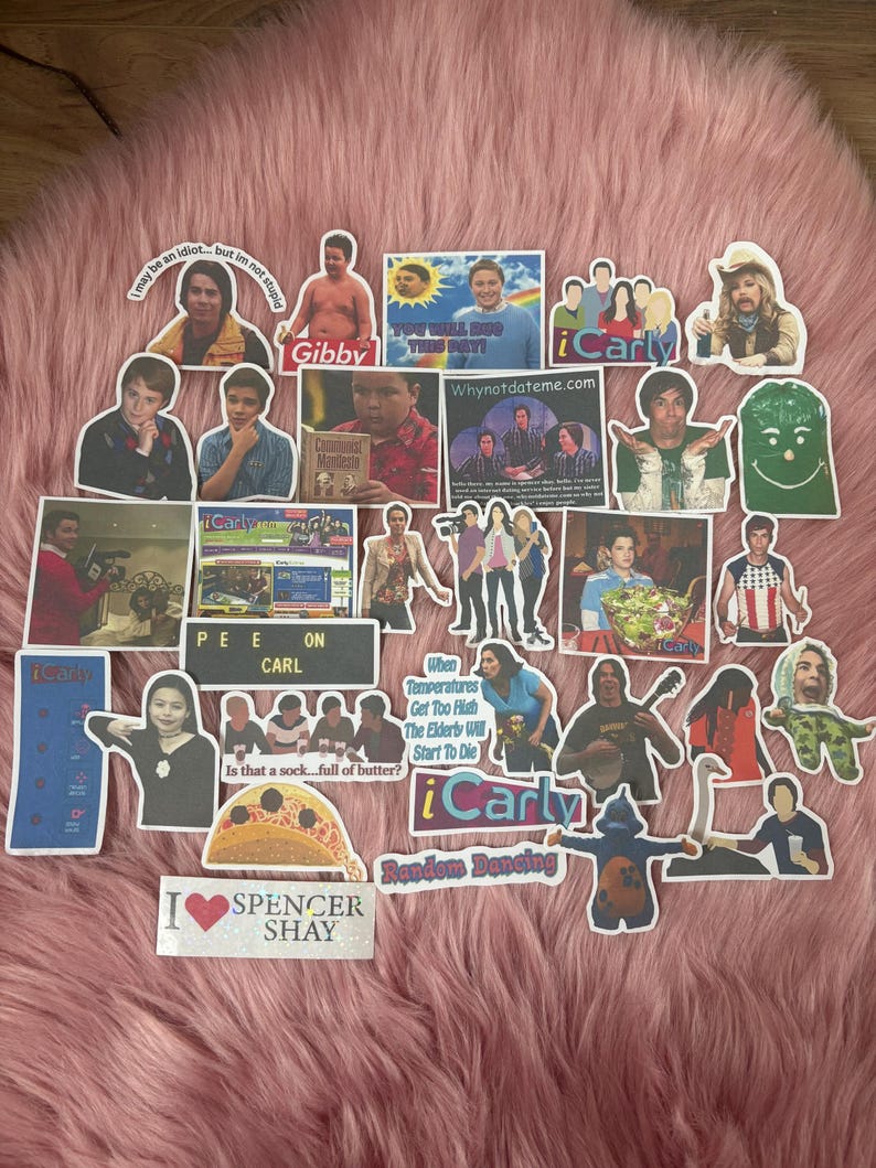May include: A collection of colorful iCarly-themed stickers featuring characters, quotes, and logos from the show. The stickers include images of Gibby, Carly, Spencer, and other characters, with phrases like "Pee on Carl" and "I love Spencer Shay."