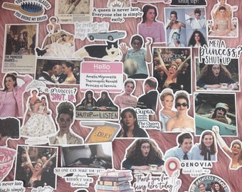 May include: A collection of stickers featuring images and quotes from the movie "The Princess Diaries." The stickers include images of the main characters, quotes like "Shut Up," and phrases like "A queen is never late." The stickers are on a pink, fuzzy surface.
