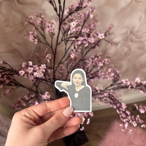 May include: A sticker featuring a person in a black top with a necklace, held in a hand. The background includes a pink floral arrangement and a pink rug.