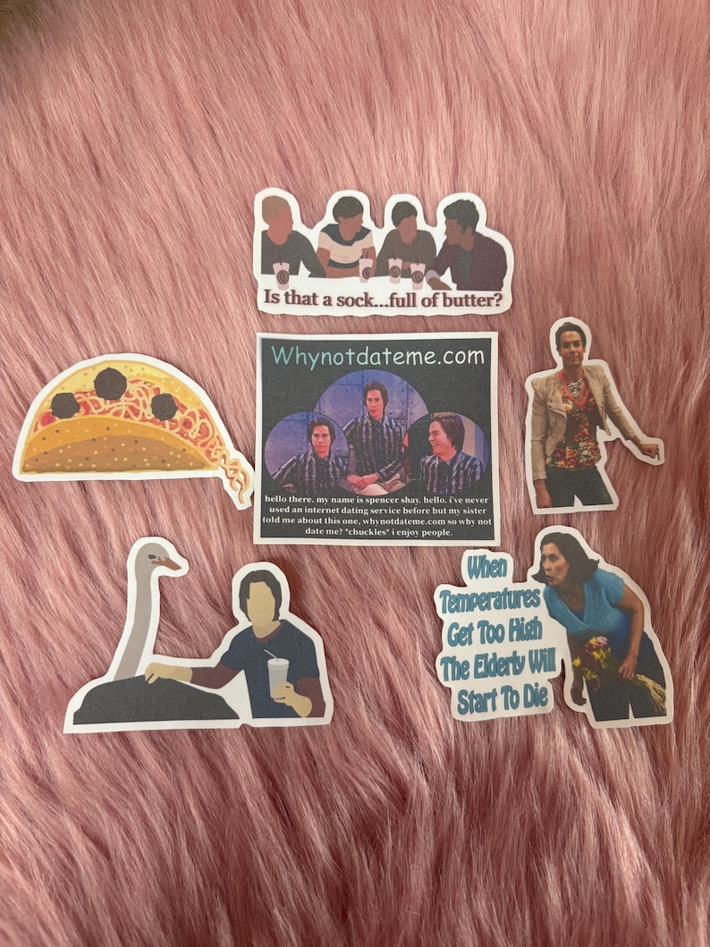 May include: A collection of die-cut stickers featuring images and text. The stickers include quotes like "Is that a sock...full of butter?" and "When Temperatures Get Too High The Elderly Will Start To Die." Other stickers feature cartoon images.