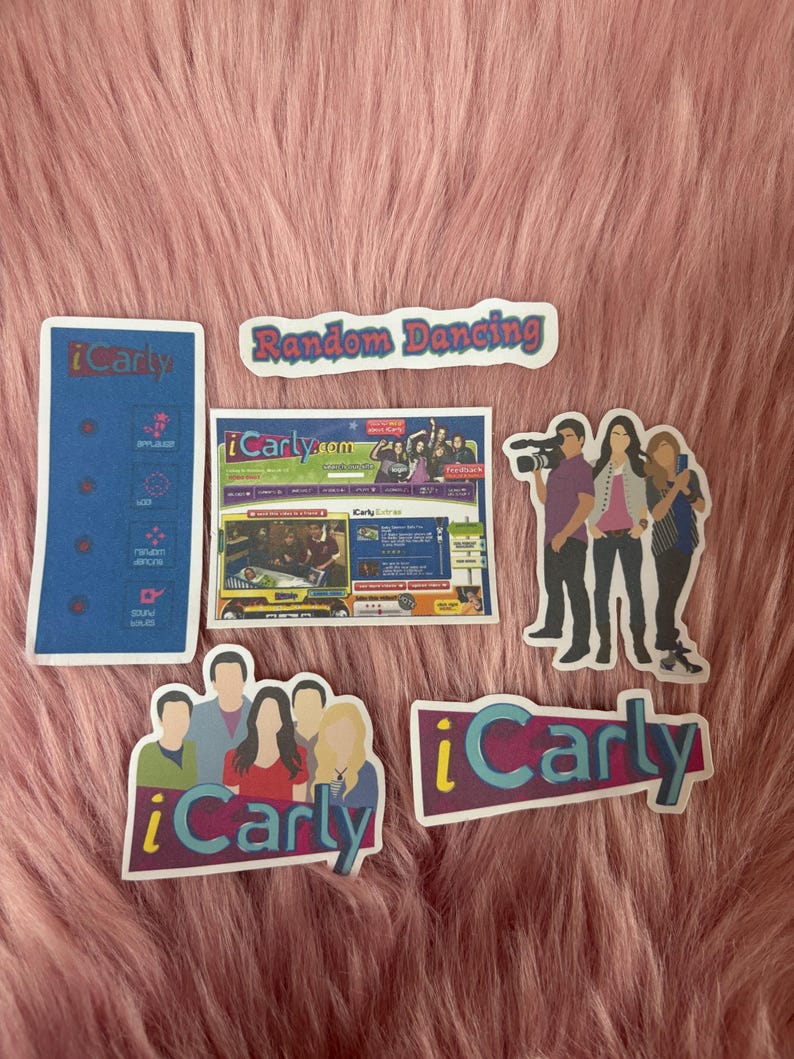 May include: A collection of six iCarly themed stickers featuring the show logo, a website interface, the cast members, and the text Random Dancing. The stickers are rectangular and die-cut with colorful graphics and blue, red, and yellow branding.