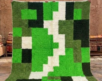 Green Moroccan Rug – Checkerboard Berber Rug, Modern Geometric Beni Ourain Style Carpet