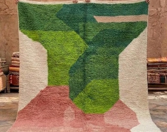 Alfombra marroquí verde – Alfombra bereber abstracta rosa, estilo Beni Ourain, de lana, tamaño personalizado
