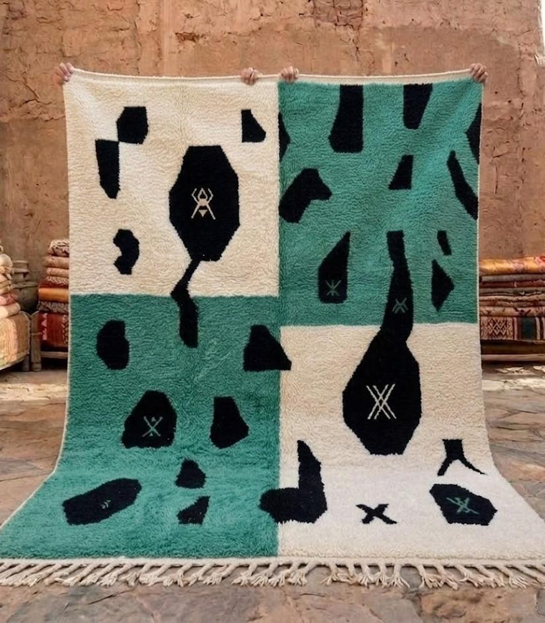 Greenarbic Rug Patterns Green Moroccan Rug – Abstract Berber Rug, Modern Geometric Beni Ourain ...