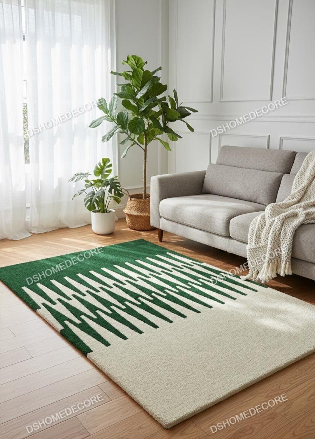 Green Earthy Pattern Rug Emerald Green Geometric Wool Rug – Modern Hand Tufted Carpet | Cream ...