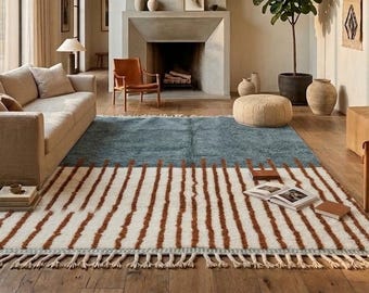 Custom Moroccan Rug, Handmade Berber Wool Rug, Minimalist Striped Beni Ourain Carpet