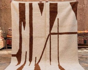 Moroccan Beni Ourain Rug – Abstract Berber Rug, Cream Brown Wool Carpet, Custom Size available