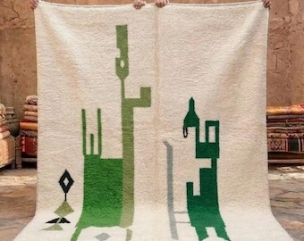 Green Moroccan Rug, Handmade Berber Rug, Minimalist Design Wool Carpet , Custom Size