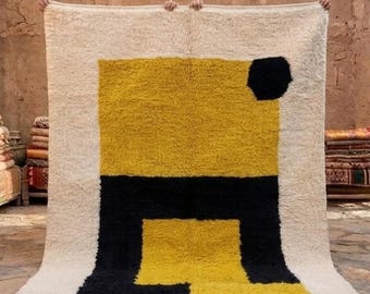 Custom Moroccan Rug – Abstract Yellow & Black Berber Rug, Modern Minimalist Beni Ourain Carpet