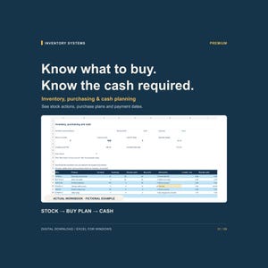 Peut inclure: Une feuille de calcul numérique de gestion des stocks pour Excel pour Windows. L'interface bleu foncé affiche le texte : Know what to buy. Know the cash required. Inventory, purchasing & cash planning. Elle inclut un tableau de stock et trésorerie.