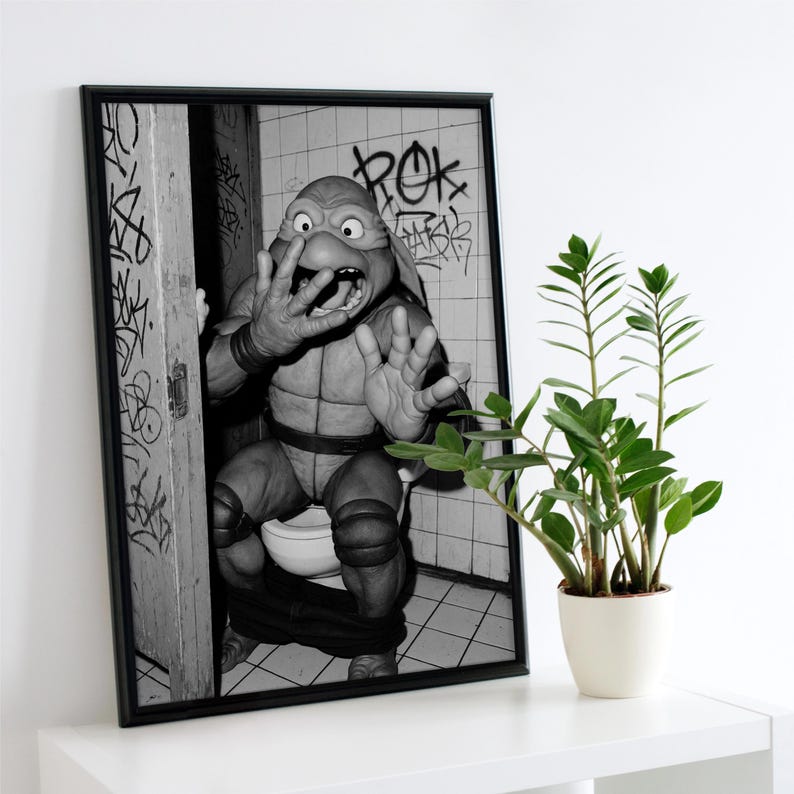 May include: Framed black and white print of a Teenage Mutant Ninja Turtle character in a surprised pose on a toilet. The background shows graffiti on the walls and door. The print is displayed on a white shelf with a potted plant in a white pot.