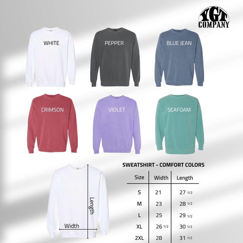 May include: A selection of crewneck sweatshirts in various colors, including white, pepper, blue jean, crimson, violet, and seafoam. The image also displays a size chart with measurements in inches for width and length.
