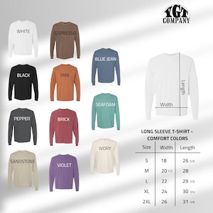 May include: A collection of long-sleeve t-shirts in various colors, including white, black, and blue jean. The image also includes a size chart with measurements in inches for width and length.