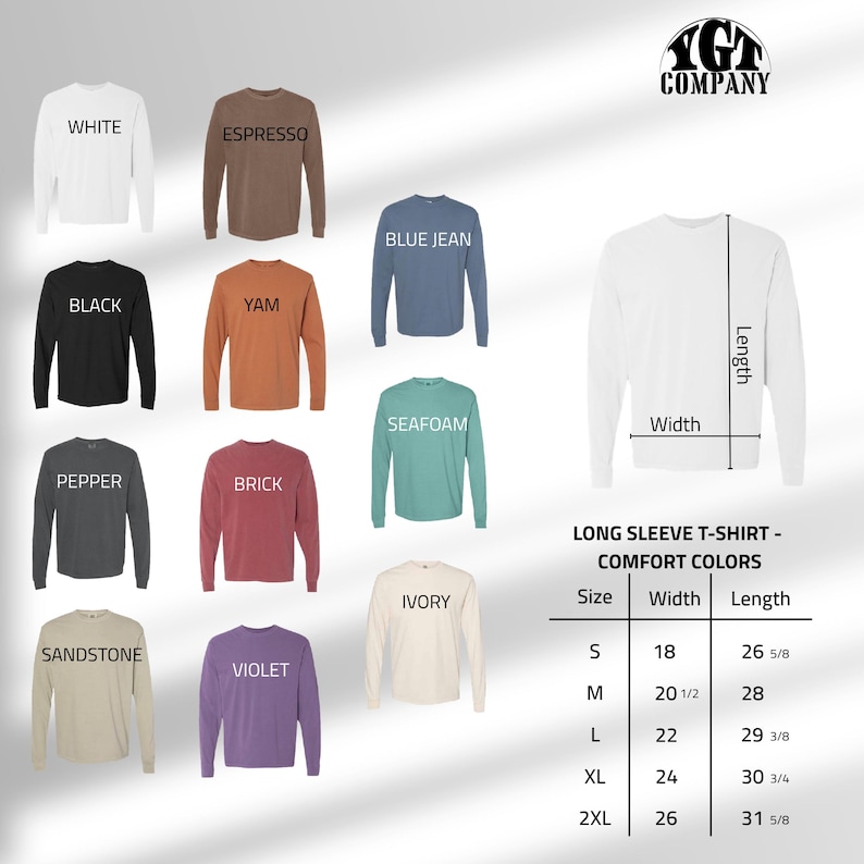 May include: A collection of long-sleeve t-shirts in various colors, including white, black, and blue jean. The image also includes a size chart with measurements in inches for width and length.