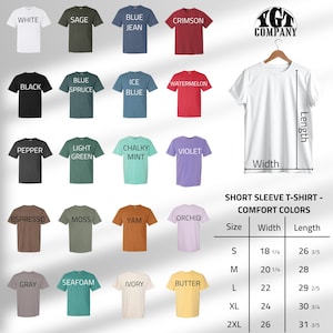 May include: A display of short sleeve t-shirts in various colors, including white, black, and blue jean. The image includes a size chart with measurements in inches for width and length. The brand name "IGT COMPANY" is visible.